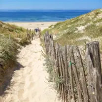 Chemin sablonneux entre dunes menant à l’océan