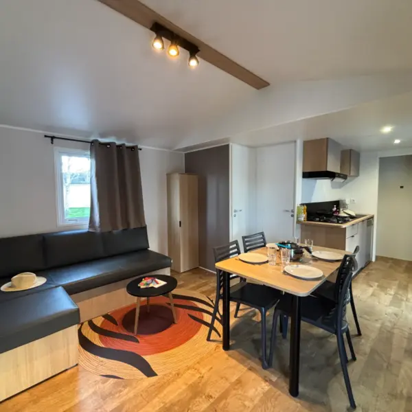 Salon moderne avec cuisine ouverte et coin repas