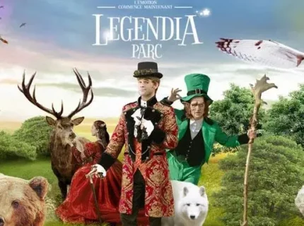 Affiche fantasy du parc Legendia avec personnages et animaux