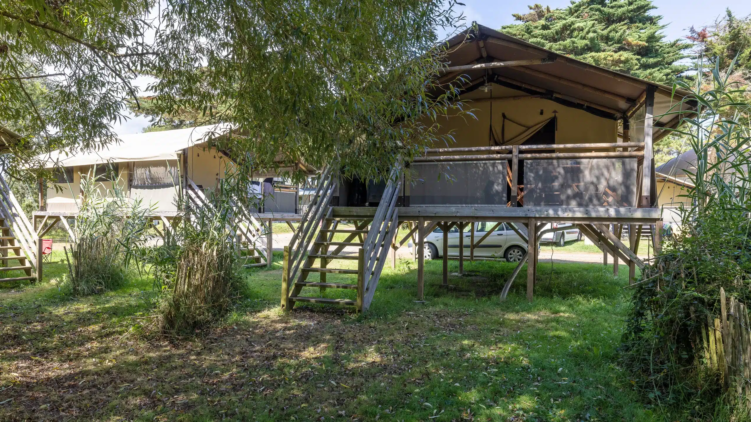 Tentes sur pilotis dans un camping verdoyant