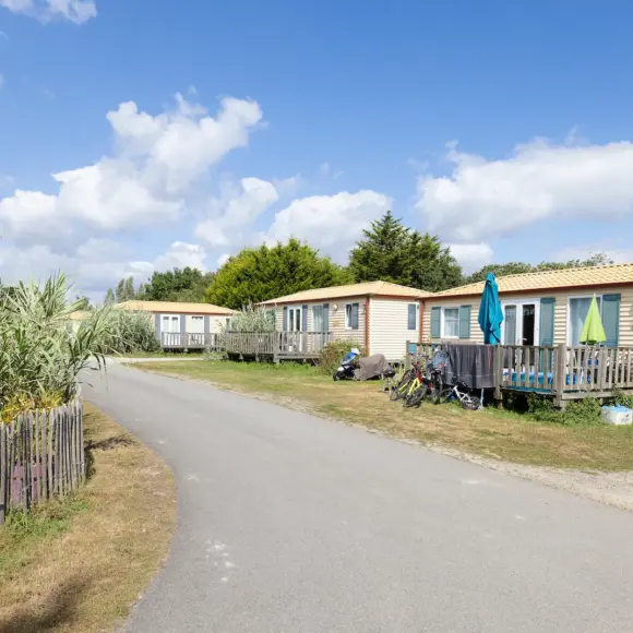 Mobile homes along paved road in campground