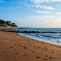Plage sableuse avec vagues et maisons côtières