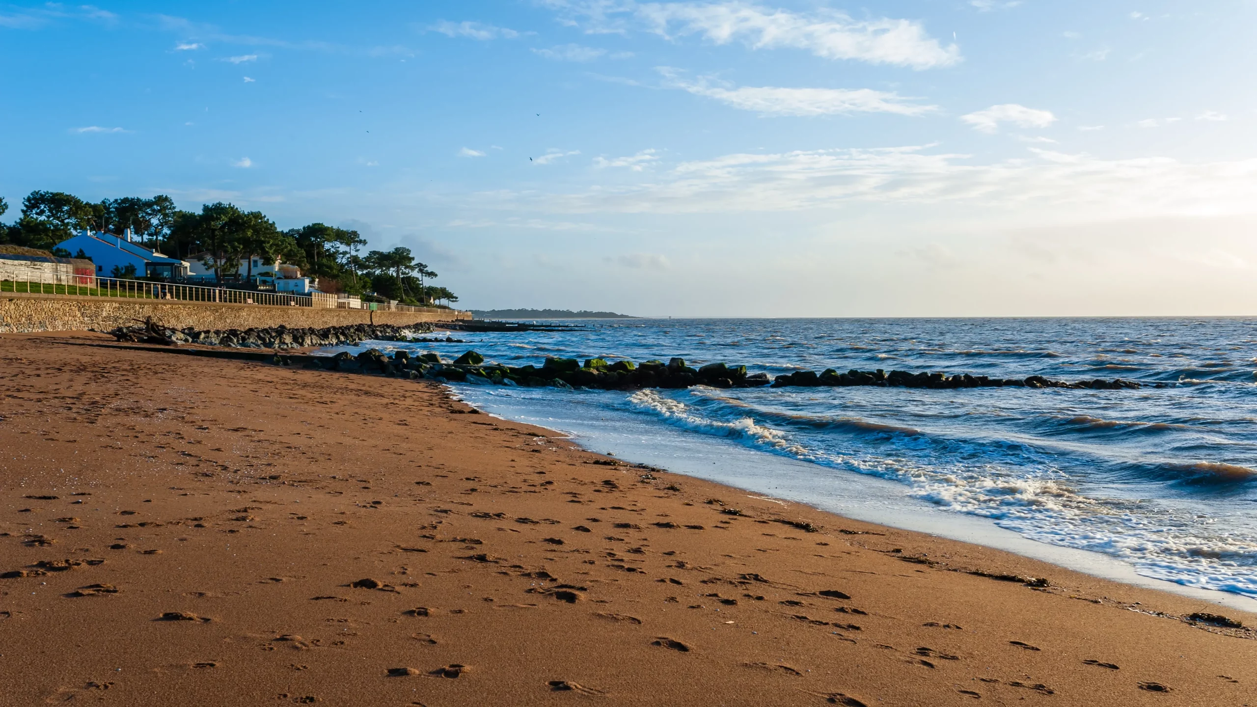 Plage sableuse avec vagues et maisons côtières