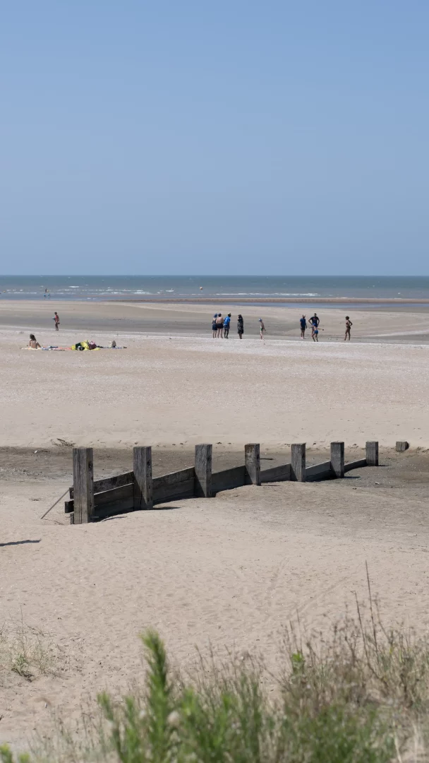 Plage de sable à marée basse et brise-lames